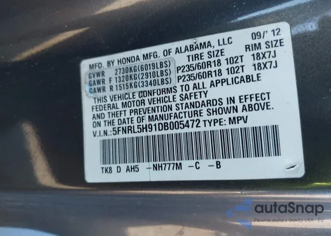 2013 Honda Odyssey Touring/Touring Elite z USA, uszkodzony, nr VIN 5FNRL5H91DB005472